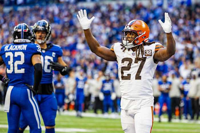 Oct 22, 2023; Indianapolis, Indiana, USA; Cleveland Browns running back Kareem Hunt (27) celebrates his game winning touchdown in the second half against the Indianapolis Colts at Lucas Oil Stadium.